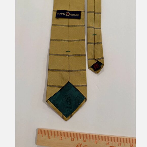 Tommy Hilfiger Vintage Men's Tie Silk Yellow Gold and Blue Stripe with Emblem - Picture 3 of 4